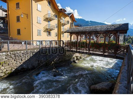 The Typical Wood Bridge With Flowers Simbol Of The Town Of Ponte Di Legno, Brescia Province, Italy.