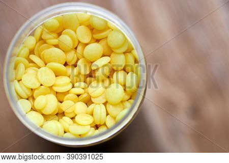 Wax Beans In Box For Hair Removal. Pearl Wax For Depilation Woman Legs Or Bikini Areas. Allergen Fre