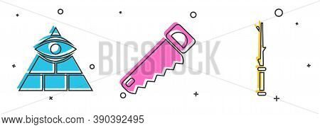 Set Masons, Hand Saw And Magic Wand Icon. Vector
