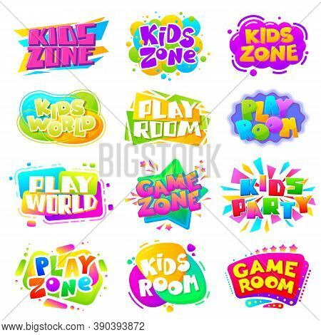 Kids Zone Labels. Fun Kid Game Logo, Sports Party Gaming Sign. Play Room Children Entertainment Bann