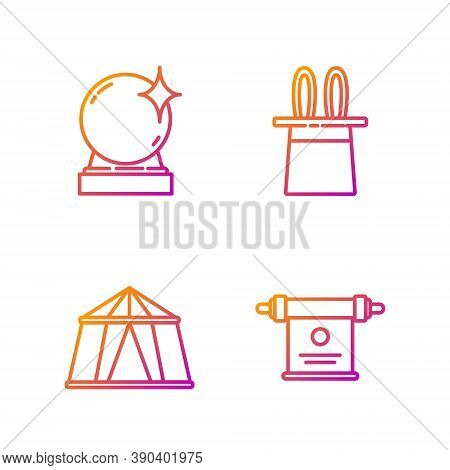 Set Line Magic Scroll, Circus Tent, Magic Ball And Magician Hat And Rabbit Ears. Gradient Color Icon