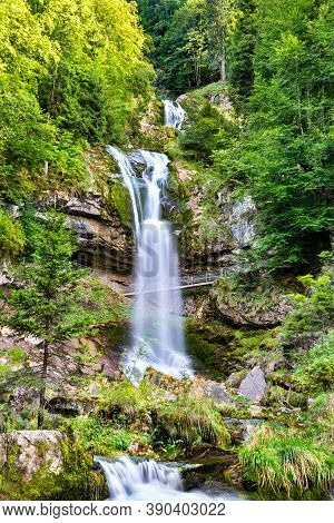 View Of Giessbach Waterfall At Brienzersee Lake In Switzerland