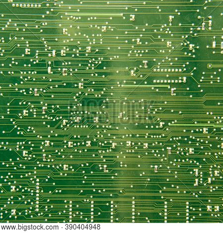 Texture Of Green Printed Wiring Board (pwb). Designed For Electrical And Mechanical Connection Of Va