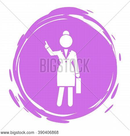 Business Lady Point With Finger Up Gesture At Something. Violet Logo Portrait With Businesswoman Wea