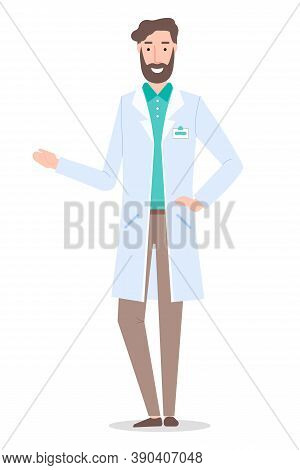 Isolated At White Cartoon Character. Doctor Man Or Surgeon Wearing Medical Gown. Handsome Bearded Th