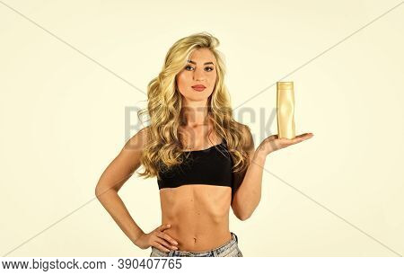 Girl With Smooth Skin Hold Cosmetics Bottle. Self Tanning. Beauty Routines. Auto Tanning Cream For F
