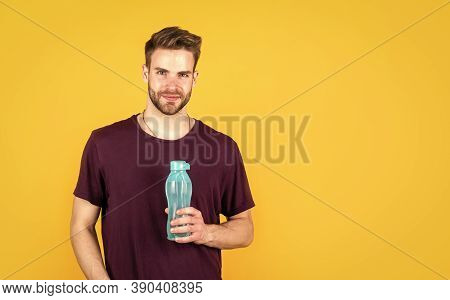 Hydrate Copy Space. Man Drink Water After Active Training. Handsome Guy Hold Water Bottle. Hydration