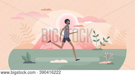 Running Activity As Male Physical Sport Training Exercise Tiny Person Concept. Trail Run In Outdoors