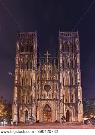 Gothic Church At Night,  St Joseph's Cathedral On Nha Chung Street Hanoi Vietnam