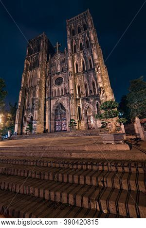 Gothic Church At Night,  St Joseph's Cathedral On Nha Chung Street Hanoi Vietnam