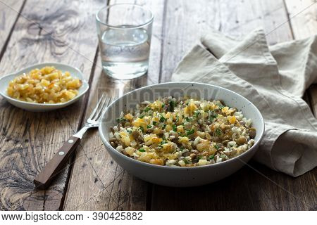 Traditional Middle Eastern Dish, Mujadara Of Lentils, Rice And Fried Onions On Wooden Table, Top Vie