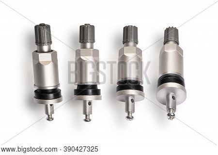 Valve Sensor Tmps For Monitoring The Tire Pressure Level, Set Of 4 Pieces Close - Up On A White Back