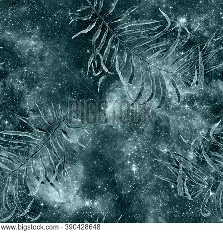 Palm Leaves Seamless Pattern. Turquoise Cosmic Background. Fashion Hand Drawn Texture. Palm Leaves S