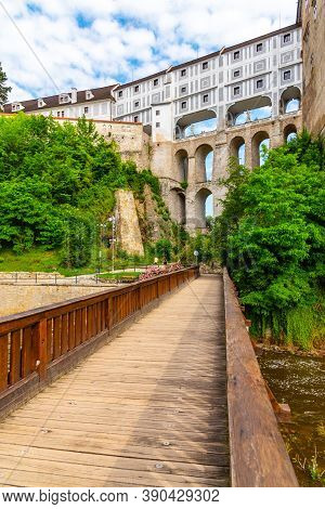 Cloak Bridge, Czech: Plastovy Most, Of Cesky Krumlov Castle. Multi-stage Medieval Bridge. View From 