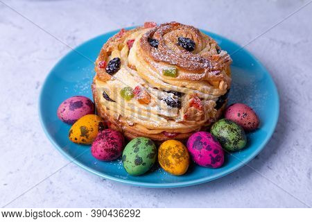 Craffin (cruffin) With Raisins, Nuts And Candied Fruits. Easter Bread Kulich And Painted Eggs. Easte