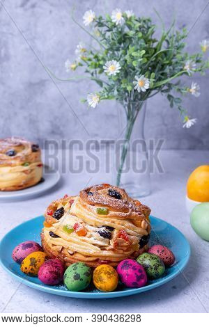 Craffin (cruffin) With Raisins, Nuts And Candied Fruits. Easter Bread Kulich And Painted Eggs. Easte