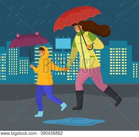Family Mother And Son Hurry At Urban Street During Rain, Adult Woman And Boy Teenager With Umbrellas