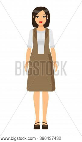 Isolated Cartoon Character Businesswoman Wearing Stylish Brown Dress, Blouse, Shoes. Business Lady S