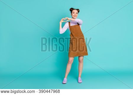 Full Length Photo Of Delighted Two Buns Hairstyle Woman Lady Romantic Affection Feelings Arms Heart 