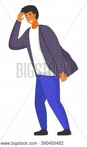 Young Handsome Smiling Man In Casual Modern Clothes Like Shirt And Pants. Guy Leaned Forward A Littl