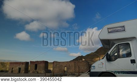 Caravan Camping At Movie Location El Chorrillo In Sierra Alhamilla Mountains, Spain. Tourist Attract