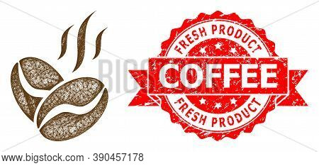 Wire Frame Coffee Beans Aroma Icon, And Fresh Product Coffee Dirty Ribbon Seal. Red Seal Has Fresh P