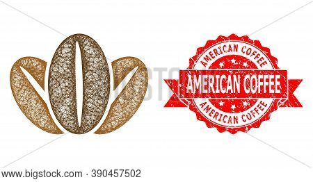 Wire Frame Coffee Beans Icon, And American Coffee Scratched Ribbon Stamp. Red Stamp Contains America