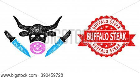 Wire Frame Cow Butchery Icon, And Buffalo Steak Dirty Ribbon Watermark. Red Stamp Seal Contains Buff