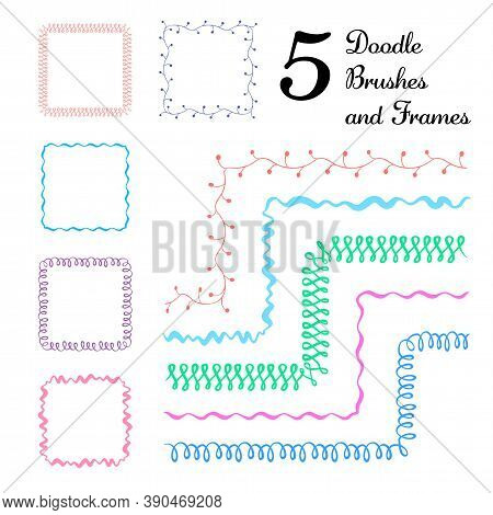 Vector Set Of Five Hand Drawn Brushes With Corner Tiles. Seamless Pattern Of Different Colors For Fr
