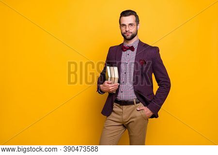 Photo Of Handsome Rich Clothes Look Outfit Guy Student Hold Many Books University College Young Prof