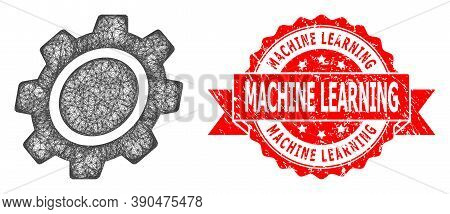 Network Gear Icon, And Machine Learning Rubber Ribbon Stamp. Red Stamp Seal Has Machine Learning Tit