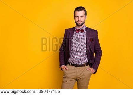 Photo Of Handsome Rich Clothes Stylish Guy Boyfriend Hands Pockets Ready For Party Dressed Wear Plai