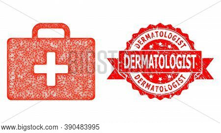 Wire Frame Medical Kit Case Icon, And Dermatologist Corroded Ribbon Seal Print. Red Stamp Seal Has D