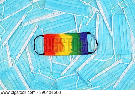 Multicolored Protective Mask. Many Disposable Medical Protective Masks, Top View. Protection Against