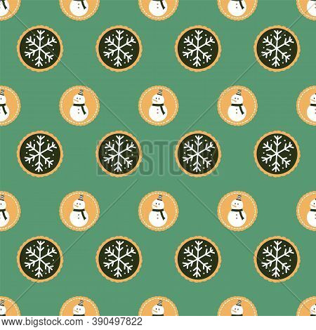 Seamless Pattern Of Sweet Winter Holiday Cookies With Snowmen And Snowflakes On A Green Background.