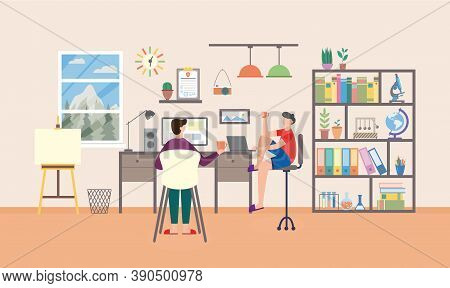 Two Teenagers Sitting In Study Room And Studying, Flat Vector Illustration.