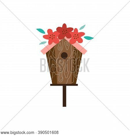 Wooden Garden Birdhouse With Flowers On Roof, Flat Vector Illustration Isolated.