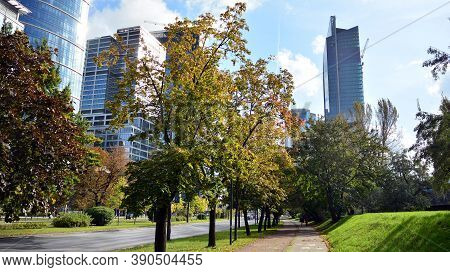 Warsaw, Poland. 19 October 2020. Roundabout Daszynski. New Skyscrapers In The Financial District Of 