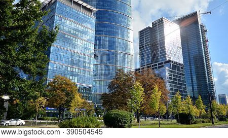 Warsaw, Poland. 19 October 2020. Roundabout Daszynski. New Skyscrapers In The Financial District Of 