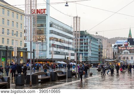 Bergen, Norway- 12 December 2015: People On The Main Square Torgallmenningen In Th City. Christmas D