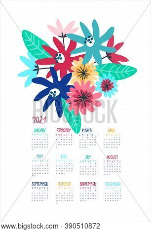 Calendar Vector Template For Year 2021 With Hand Drawn Wild Flowers On White Background. Modern Flor