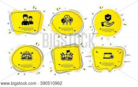 Sports Arena, Arena And Insurance Hand Icons Simple Set. Yellow Speech Bubbles With Dotwork Effect. 