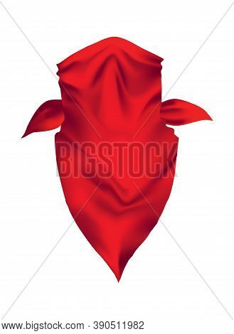 Red Realistic Bandana On Head. Youth Fashion Neck Scarf Or Cowboy Element Template. Headband For Bik