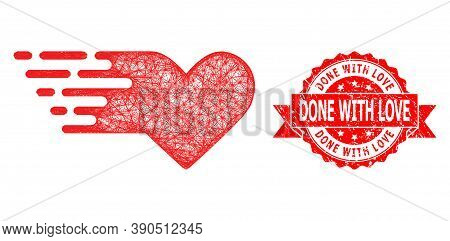 Net Valentine Heart Icon, And Done With Love Textured Ribbon Stamp Seal. Red Stamp Seal Contains Don