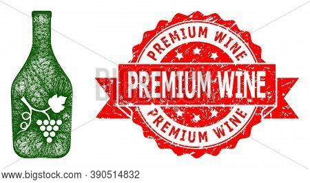 Wire Frame Wine Bottle Icon, And Premium Wine Scratched Ribbon Seal. Red Seal Contains Premium Wine 