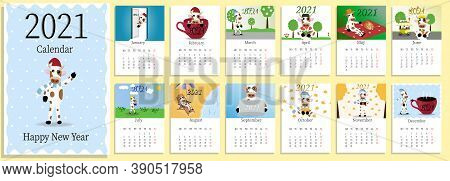 2021 Calendar Design With Bull With Hobbies In Different Seasons Of The Year. Calendar Design Concep