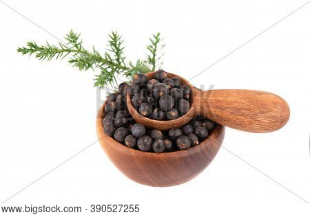 Dry Juniper Berries With A Green Branch, Isolated On White Background. Common Juniper Fruits In Wood