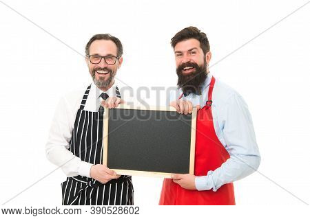 Blackboard. Cafe And Restaurant Opening. Bearded Men With Blackboard, Copy Space. Menu Planning. Hap