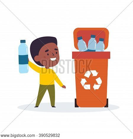 Cute Boy Sorting Trash And Garbage For Recycling. The Boy Found The Proper Container For Plastic Was