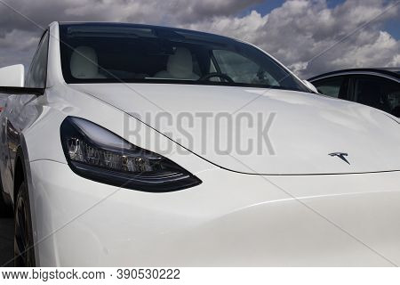 Indianapolis - Circa September 2020: Tesla Electric Vehicles Awaiting Preparation For Sale. Tesla Ev